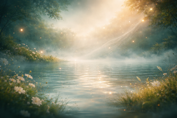 Glitzernde Lichtspiele auf einer Wasseroberfläche in einem Wald.