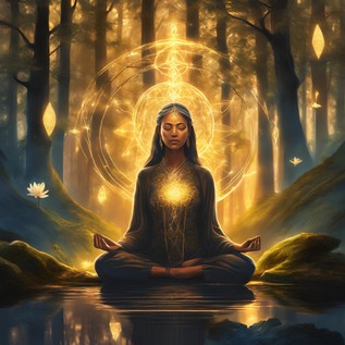 Frau in Schneidersitz und tiefer Meditation. Leuchtender Herzbereich.