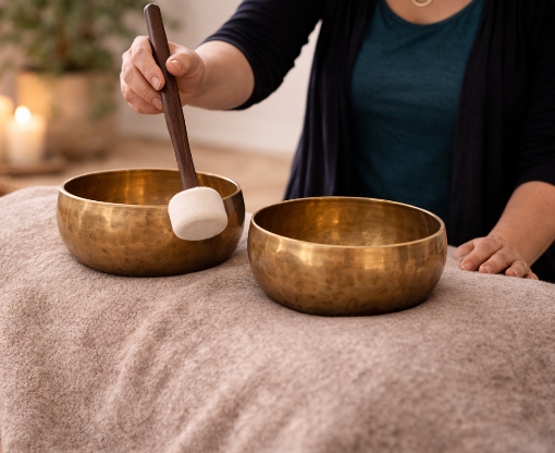 Zwei Klangschalen liegen auf dem Rücken der Klientin.