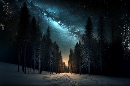 Ein dunkler Waldpfad, an dessen Ende die Sonne aufgeht